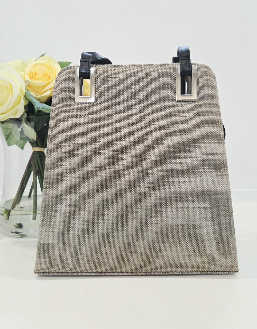 Vintage Stuart Weitzman handbag, beige canvas black leather, designer